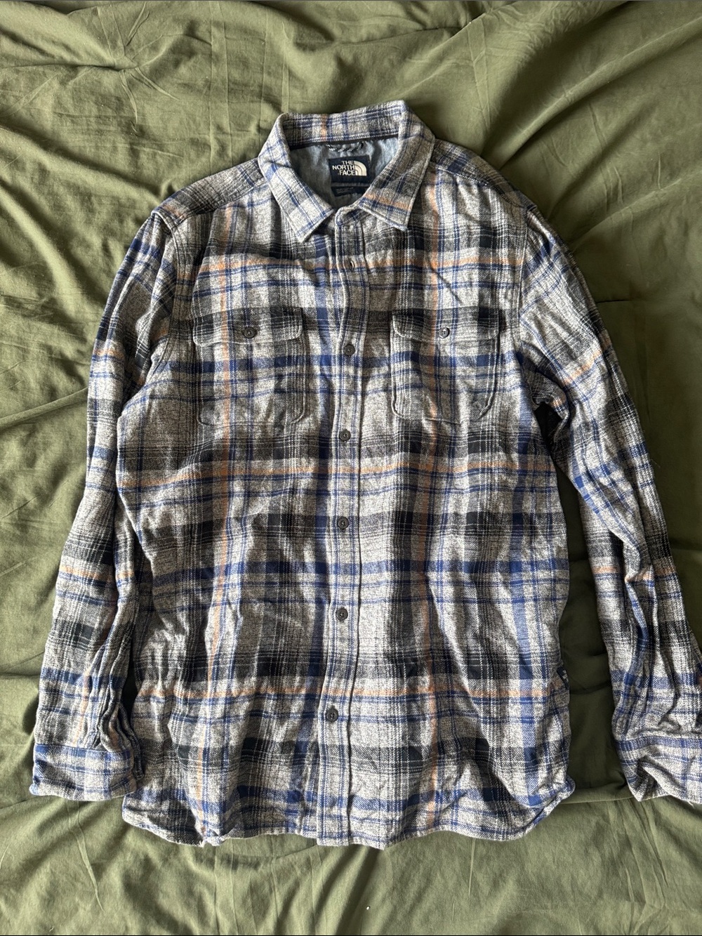 The North Face Men’s Gray Plaid Button-Down Shirt with Blue & Tan Stripes